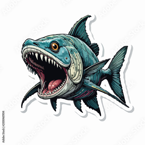 A ferocious illustration of a predatory fish with sharp teeth and an open mouth ready to attack