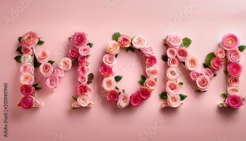 Mother's day concept.  MOM letters made of pink rose flowers on pale pink background with copy space