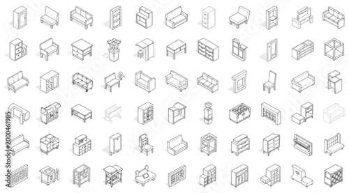 Collection of isometric furniture icons, vector illustration of various home interior elements