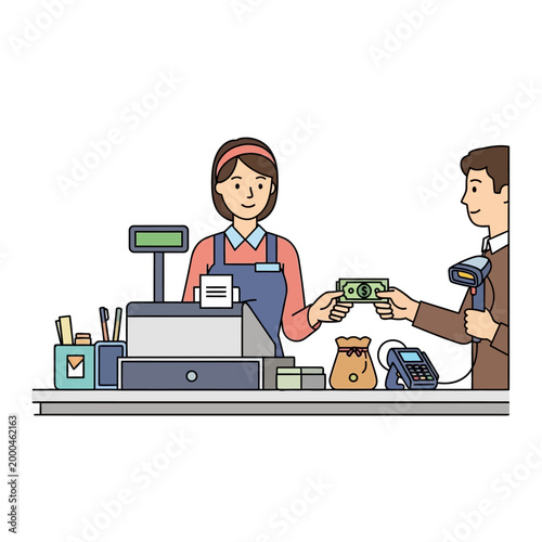 Cashier Handing Money to Customer at Checkout Counter with Scanner and Payment Terminal