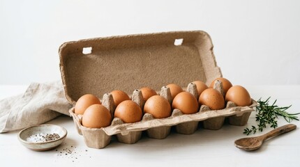 Fresh brown eggs in carton ready for cooking, farm breakfast ingredient concept, natural food still life on white background, clean soft light, no logos