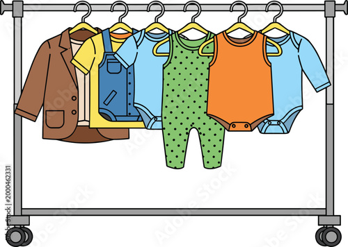 Cute Colorful Baby and Kids Clothes Hanging on Rack with Onesies Jacket and Outfit Set Vector Illustration on White Background