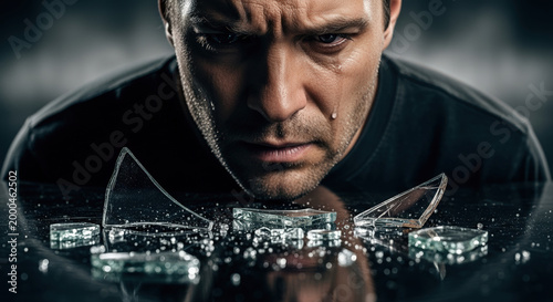 man with a somber expression reflecting on broken glass with tears in his eyes against a blurred, dark background