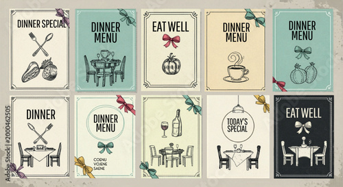 Vintage dinner menu card collection, retro restaurant flyer set with hand drawn sketches, 10 elegant cafe bistro invitation templates with bows isolated PNG with Transparent Background