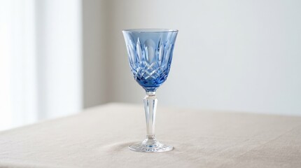 Blue crystal glass on light background, elegant drinkware, refined tableware object, transparent blue texture, minimalist studio composition, soft lighting, sharp detail, no logos