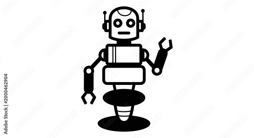 Fototapeta premium Robot holding a wrench stands with a retro-futuristic design in a black and white illustration.