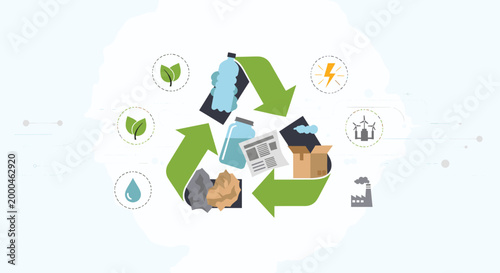 Illustration of the recycling process with various recyclable materials and environmental symbols.