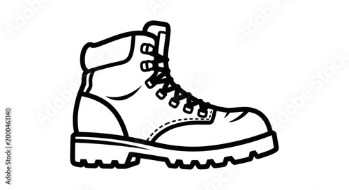 Single rugged hiking boot illustrated in black and white with detailed laces and sturdy sole, isolated on a plain background.