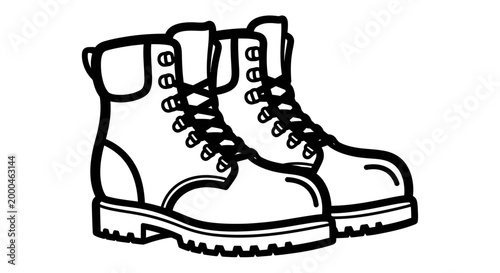 Pair of rugged hiking boots illustrated in black and white with detailed laces and sturdy soles, isolated on a plain background.