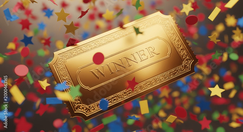 golden winner ticket celebrating victory with colorful confetti background