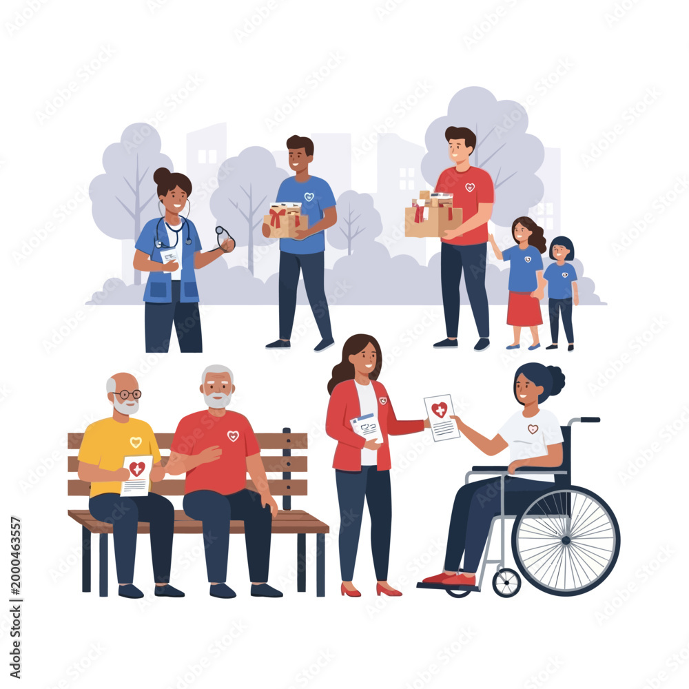 Obraz premium Community volunteers help elderly and disabled people with donations and healthcare.