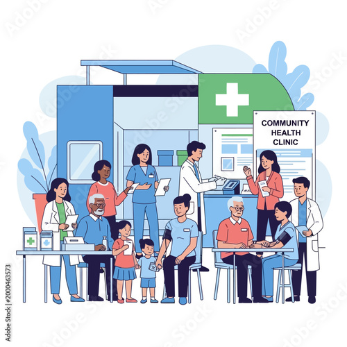 Community Health Clinic: Diverse Staff and Patients Receiving Care