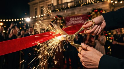 Crossed golden scissors cutting a red ribbon with sparks, grand opening and celebration concept, dynamic close-up, dramatic lighting, realistic detail, no logos