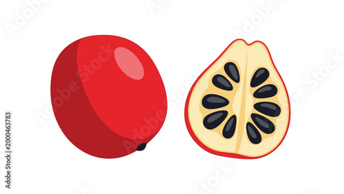 Flat lay illustration of a whole and halved pomegranate on a white background with black seeds.