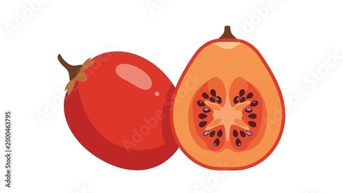 Illustration of two whole and halved red-orange fruits with seeds on a white background, showcasing their vibrant color and detailed texture.