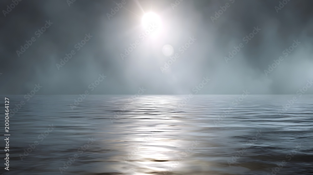 Fototapeta premium A dramatic view of the open sea at sunrise featuring soft light flares and reflective tones across the calm surface