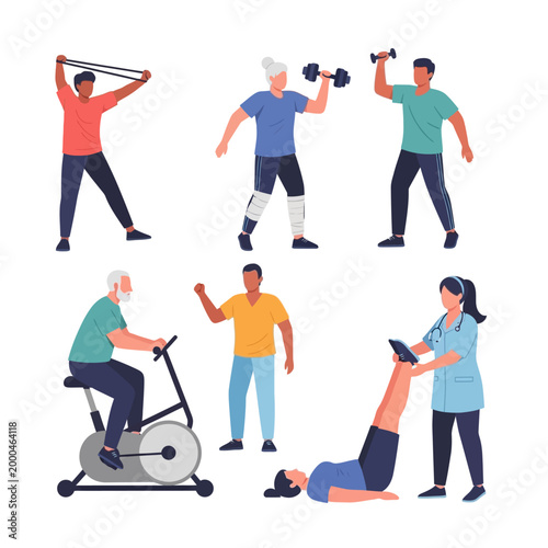 Diverse group of people exercising and receiving physical therapy