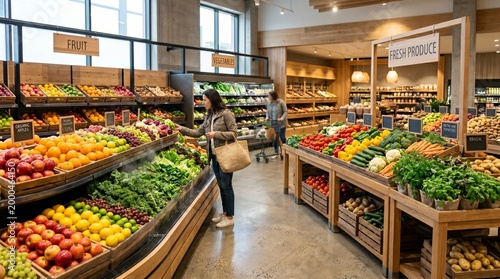 Fresh dan vegetables aisle in modern supermarket grocery store made by AI generative