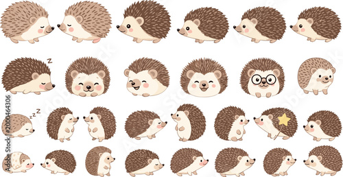 Cute Hedgehog Cartoon Collection Featuring Various Poses and Expressions with Adorable Hand Drawn Style for Kids Illustration, Nursery Design, and Creative Projects