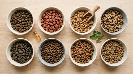 Multiple bowls filled with different dry cat food, pet nutrition and animal care concept, top view arrangement, clean studio light, realistic detail, no logos
