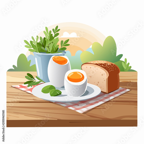 Frische Eier mit Brot und Kräutern