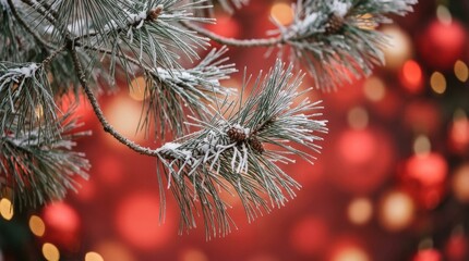Pine tree branches with fine needles on a soft red bokeh background, festive winter nature close up with elegant seasonal mood, soft light, realistic detail, no logos