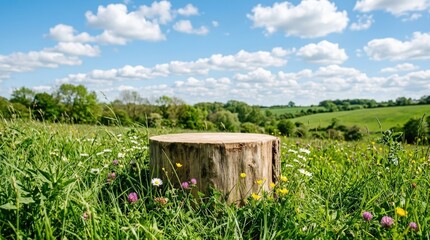 Natural podium in green grass with blue sky backdrop, eco spring and summer product showcase mockup, fresh outdoor display scene, bright daylight, clean realistic detail, no logos