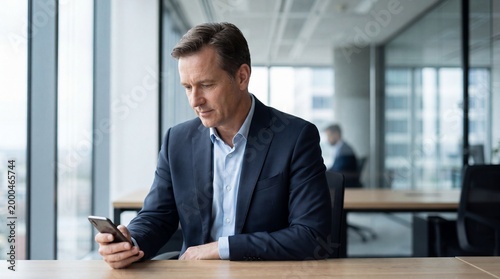Businessman in office looking at smartphone with surprised expression on face