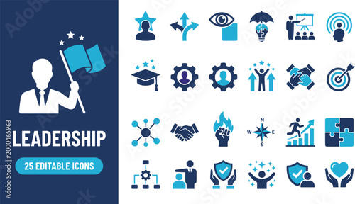 Leadership icon set with 25 vector icons. Management, motivation, teamwork, delegation, training, mentoring, trust and influence symbols for HR, corporate leadership, business UI, web and app design.