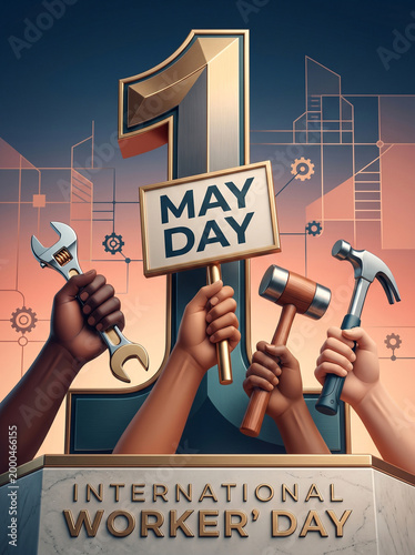 International Worker's Day May 1st Celebration with Hands Holding Tools and Sign
