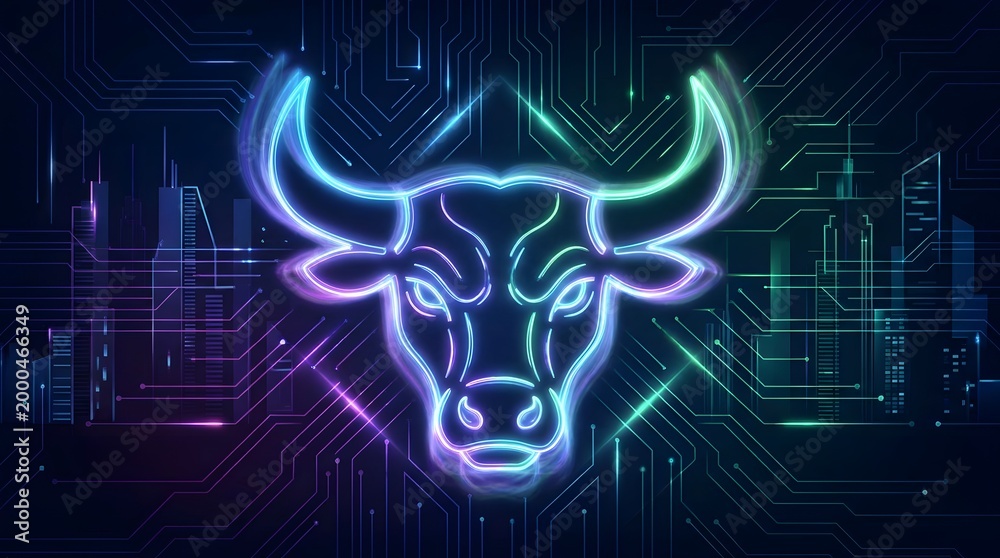 Fototapeta premium Cyberpunk bull head neon glowing over digital circuit board background.