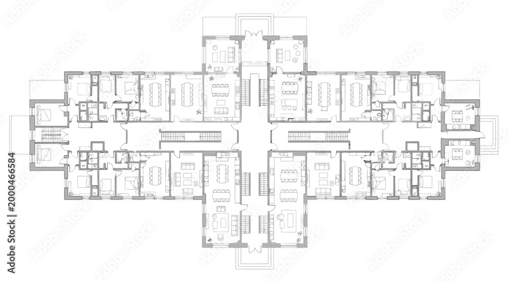 Fototapeta premium Detailed architectural floor plan of a large symmetrical multiunit building or hotel, featuring central hallways, stairs, and various room layouts