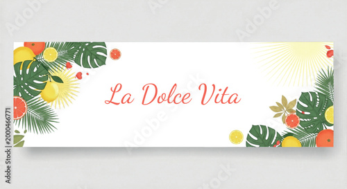 La Dolce Vita tropical banner with citrus fruits and palm leaves, summer vacation horizontal header, Mediterranean lifestyle vector illustration isolated PNG with Transparent Background
