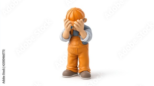 Despondent 3D Worker in Orange Overalls Hiding His Face in Shame