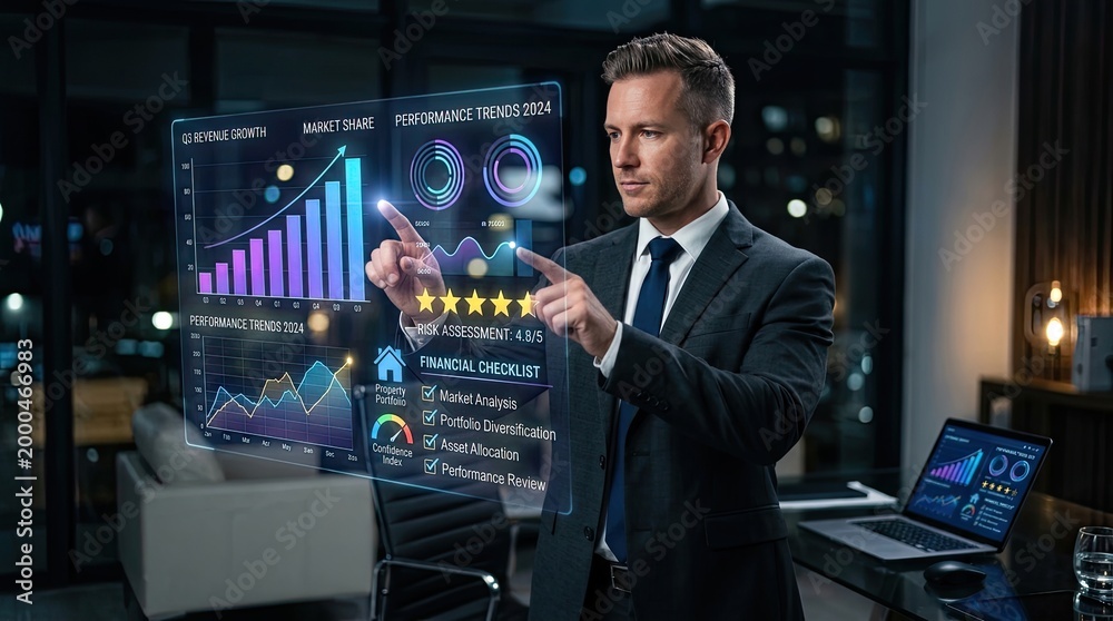 Fototapeta premium Businessman Interacting with Futuristic Holographic Display in Modern Office.