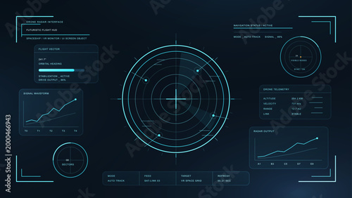Futuristic Drone Radar HUD Interface. Cyberpunk flight HUD with central radar scan, telemetry panels, signal charts and navigation status for drone control, VR, aerospace and sci-fi. Vector HUD, UI