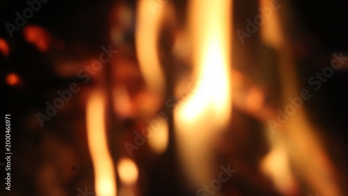 Burning log of firewood in fireplace. Close up abstract background Wood fire on black background