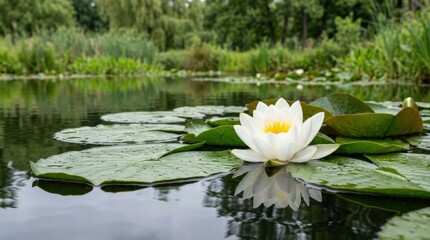 Single white water lily blooming serenely on a pond, elegant aquatic flower with soft petals and calm reflections, peaceful botanical scene, natural daylight, detailed nature photography, no logos