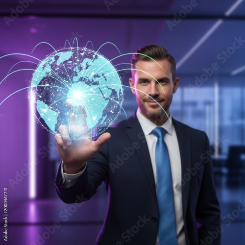 Confident Businessman Interacting with Holographic Global Network in
