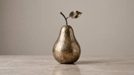 Single metallic pear sculpture with realistic texture, luxury decorative object, minimal art still life, isolated clean background, subtle reflections, soft studio light, realistic detail, no logos