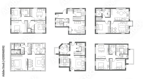 Set of six architectural floor plans for modern houses and apartments collection of residential building layouts with furniture and room arrangements