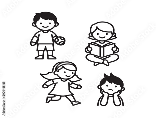 Four children engaged in different activities, flat design vector illustration