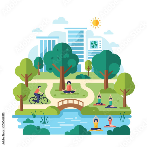 People practicing yoga and cycling in a serene urban park with modern buildings.