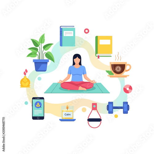 Woman Meditating in Yoga Pose Surrounded by Wellness Objects, Self-Care and Healthy Lifestyle