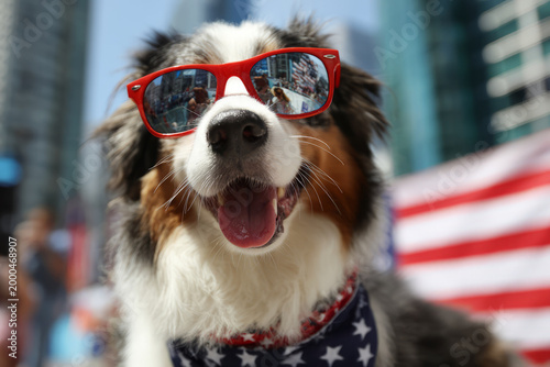 Happy dog wearing sunglasses and bandana