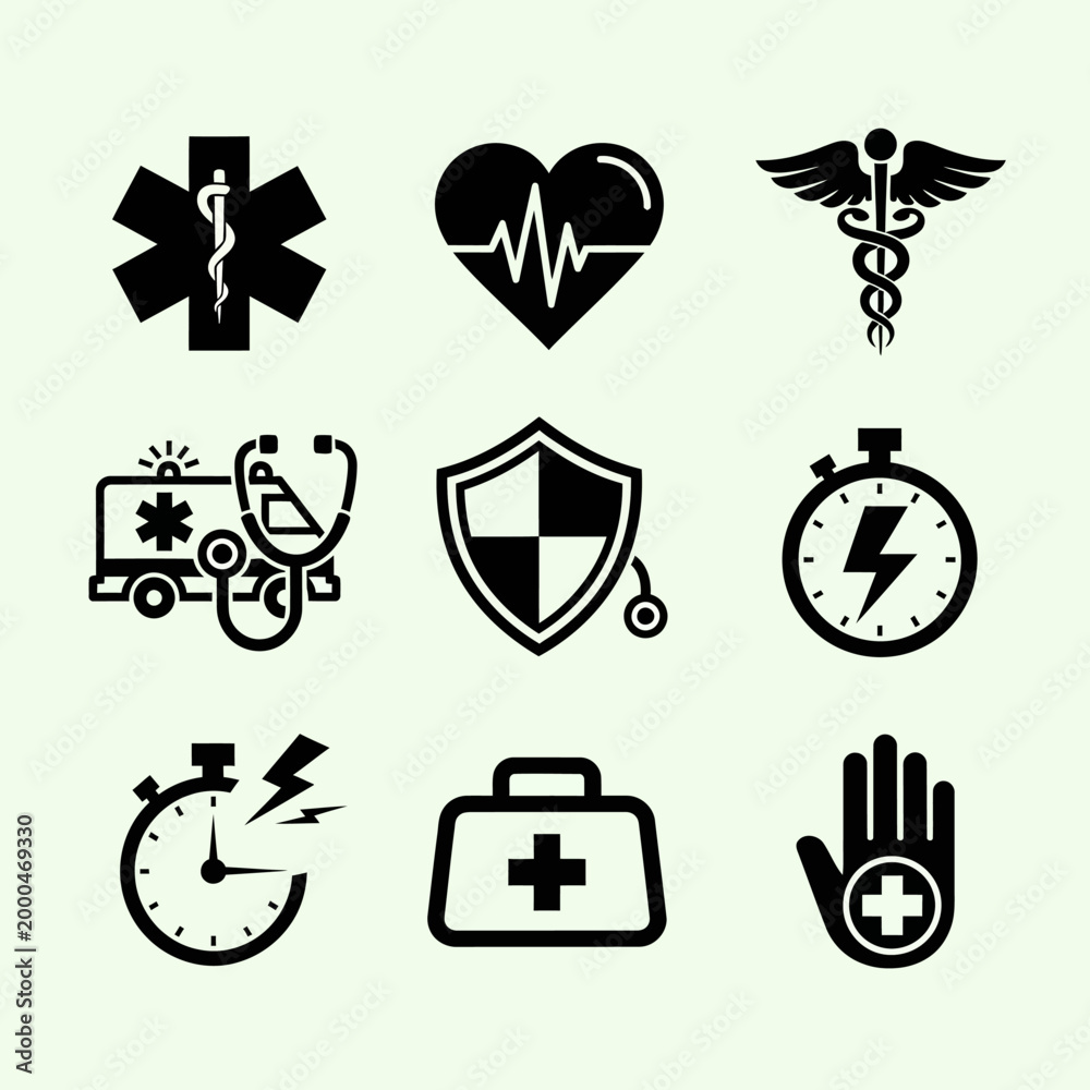 Fototapeta premium Medical Icons Set: Health, Ambulance, Caduceus, Stopwatch, First Aid