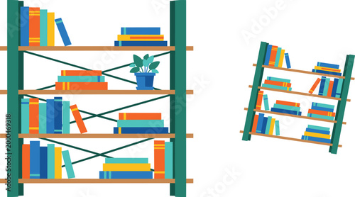 Modern Bookshelf Vector Illustration with Books and Plant on Wooden Rack in Front and Perspective View Isolated on White Background for Interior Design.