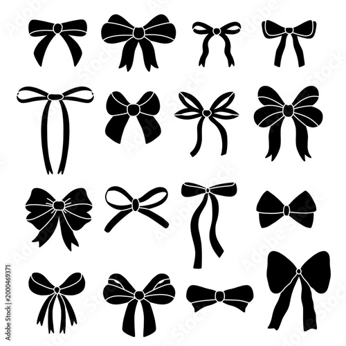 Set of black hand drawn bows, festive silhouette collection