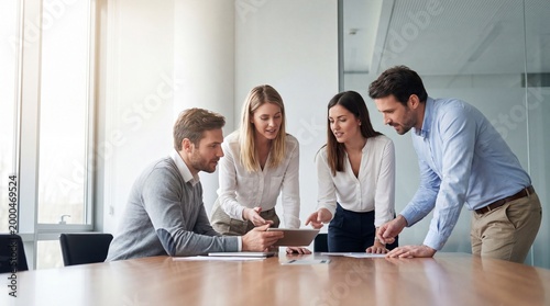 Business team collaborating on documents around a wooden conference table in a modern office