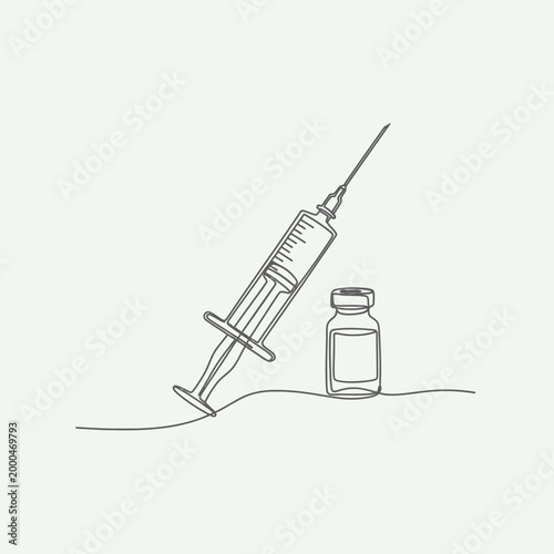 Single line drawing of medical syringe and vial, healthcare concept